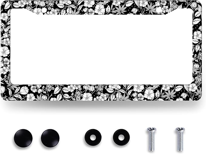 Black White Tropical Flowers License Plate Frame Boho Floral License Plate Holder Funny Auto Parts Stainless Steel Universal Cars Decoration for Men Women 12.2" x 6.2"