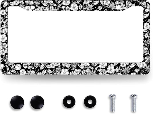 Black White Tropical Flowers License Plate Frame Boho Floral License Plate Holder Funny Auto Parts Stainless Steel Universal Cars Decoration for Men Women 12.2" x 6.2"