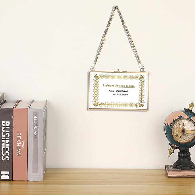 JUXYES 2 Pack Wall Hanging Business License Frame Brass Certificate Display Frames, Double Glass Floating Diploma Frames, Wall Golden Graduation Frame for 5.5x8.5 Inches Certificate Business Licenses