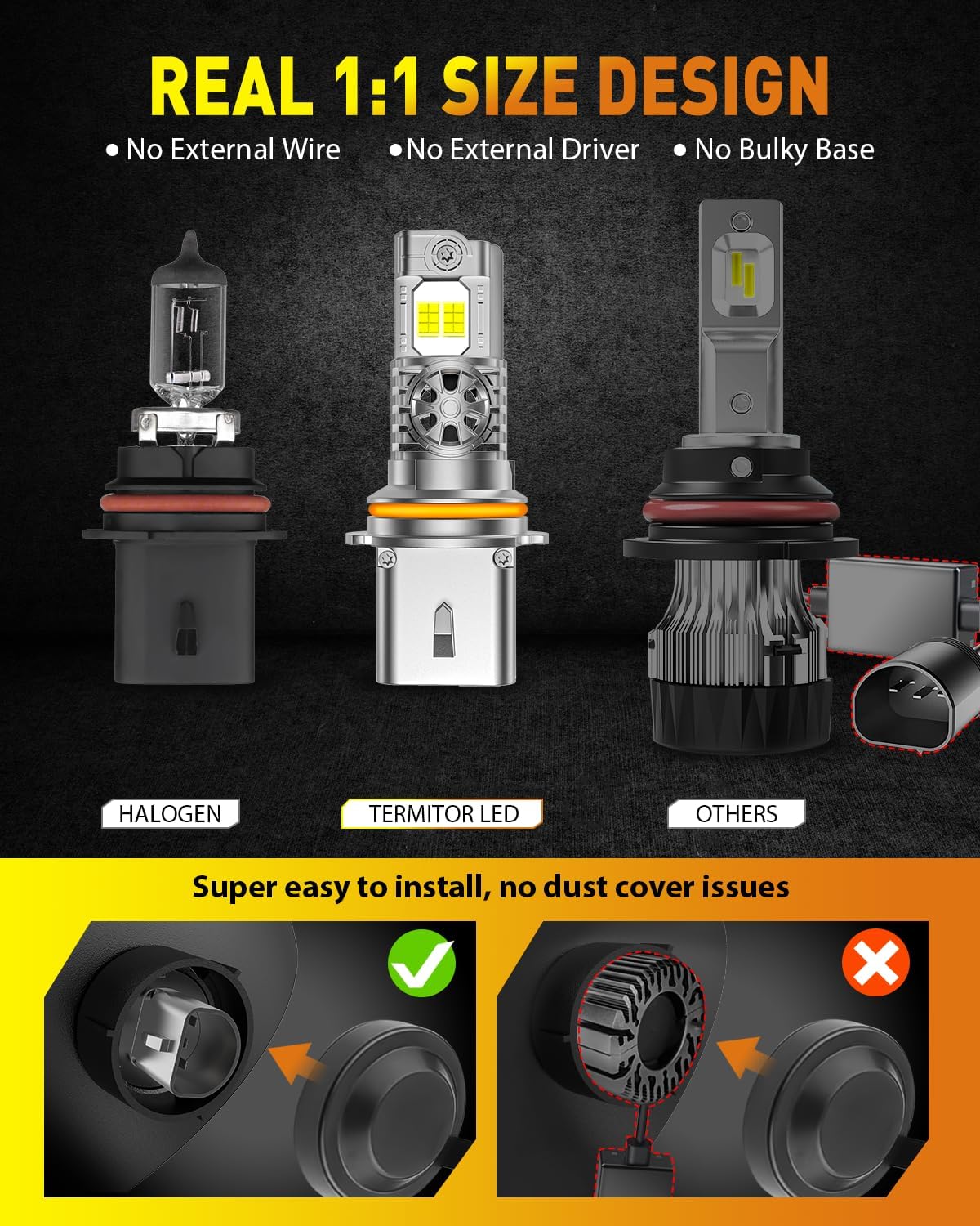 Latest Upgrade 9007/HB5 Light Bulbs, (60,000LM 1000%) Ultra Brightness, Real 1:1 Halogen Mini Size, 70,000+ Hours Long Service Life, 6500K White Exterior Light Bulbs, Plug and Play, Pack of 2