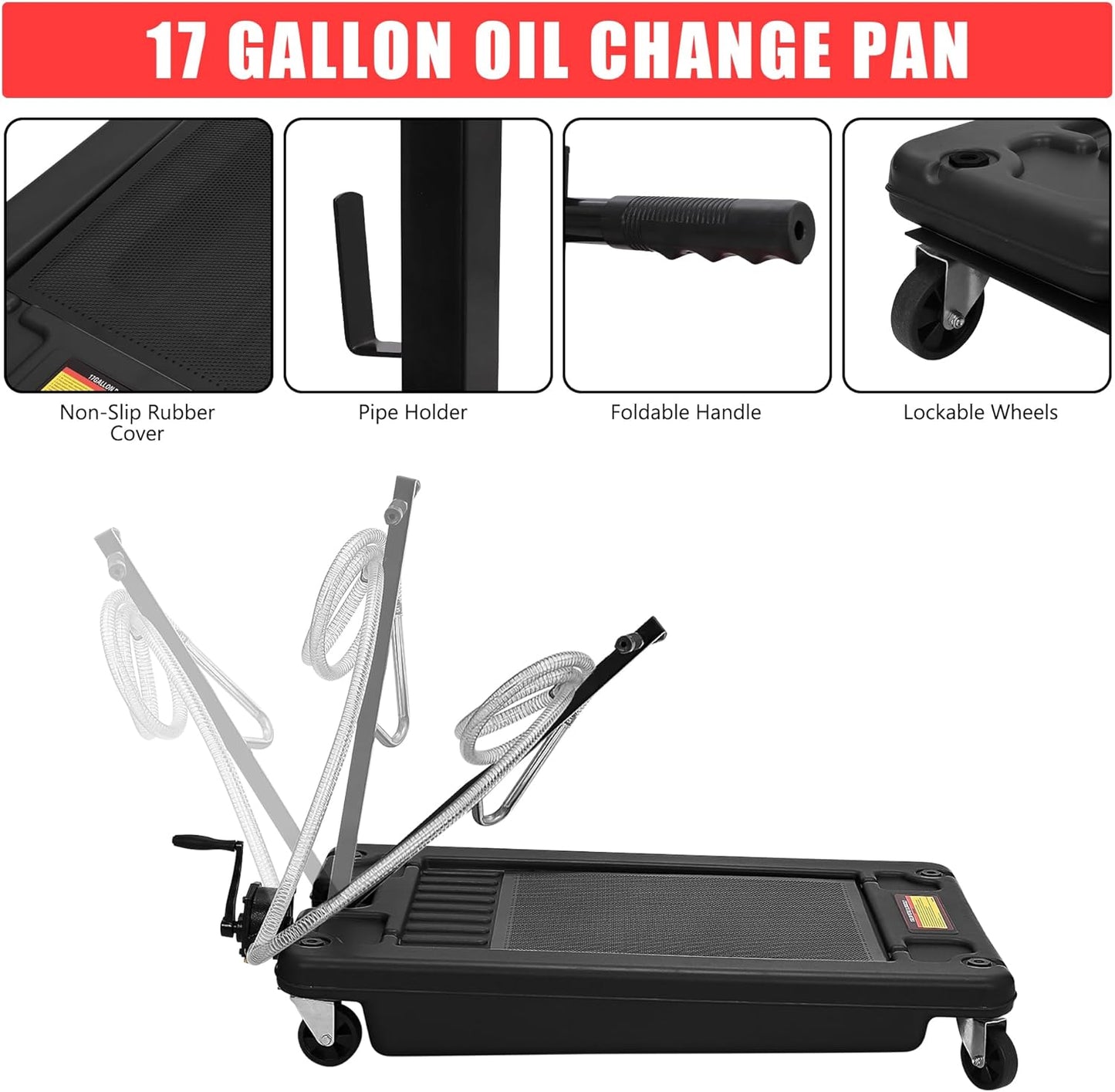 ‌17 Gal Low Profile Oil Drain Pan, Heavy Duty Mobile Oil Changing Pan with Hand Pump, 8 Ft Hose & Quick Drain Valve, Leak-Proof Design for Truck Car Motorcycle, Garage Workshop Use