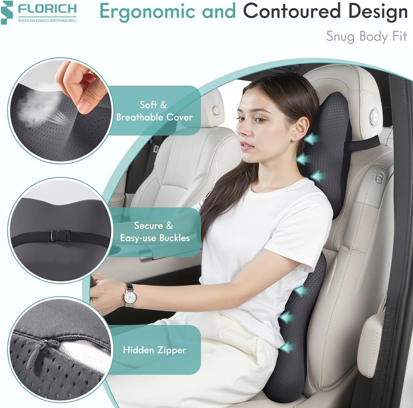 FLORICH Car Lumbar Support Pillow and Neck Headrest Pillow for Office Chair, Ergonomic Memory Foam, Relieves Neck, Back Pain, Pressure-Relieving Back Support for Car, Office Chair & Wheelchair – Gray
