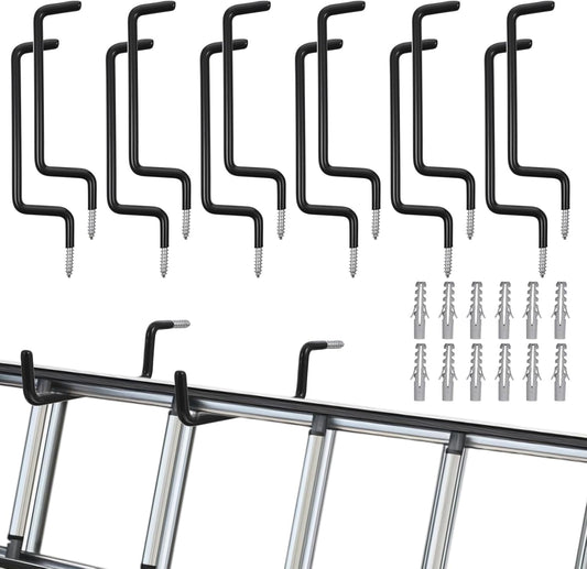 12 Pcs Heavy-Duty Black Ladder Hooks – Iron & PVC Wall Mount Storage Hangers for Bike, Ladder, Chair, Tools (75 lbs Capacity)