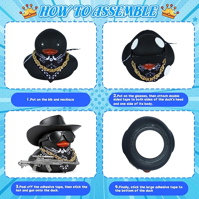 BOZILY Black Rubber Duck Car Ornaments Dashboard Decorations - Cowboy Hat, Sunglasses, Bandana, Gold Chain & Gun Accessory, Squeeze Squeak Sound, DIY Funny Decor for Car Interior