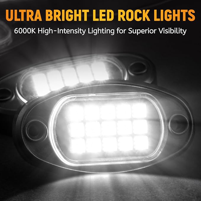 YONEDA 12 Pods White Rock Lights 6000K Ultra Bright LED Neon Underglow Lights IP68 Waterproof for Trucks SUV UTV ATV RZR Car Boats Pickup Motorcycle with 32.8in Extension Wire