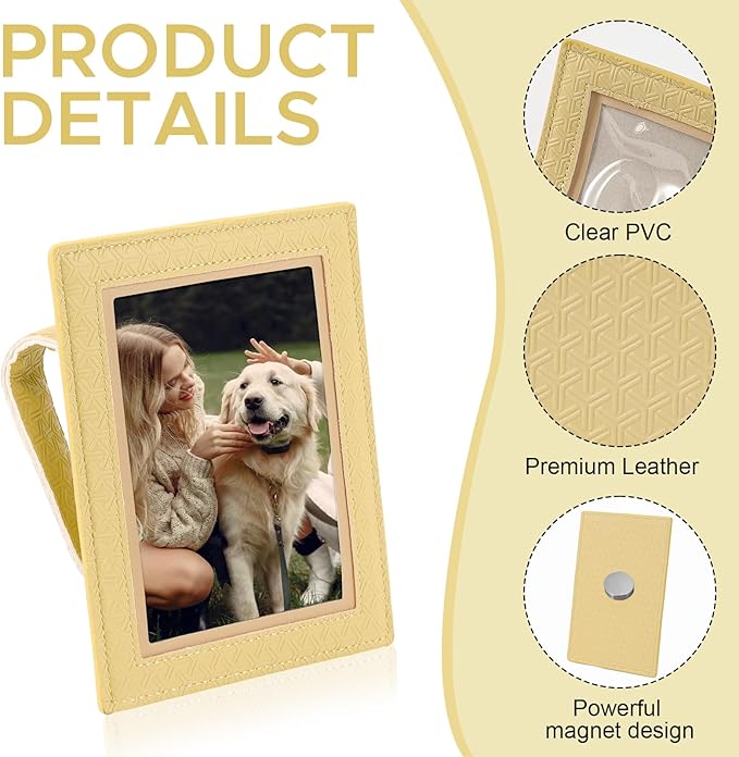 KINIVA 2 Pack Car Picture Holder - Magnetic Faux Leather Picture Frame for Safe Driving - Gift for Dad Mom Husband Wife Car Visor Accessories, Car Accessory (Fits 2.5"x3.5" Photos) (Yellow)
