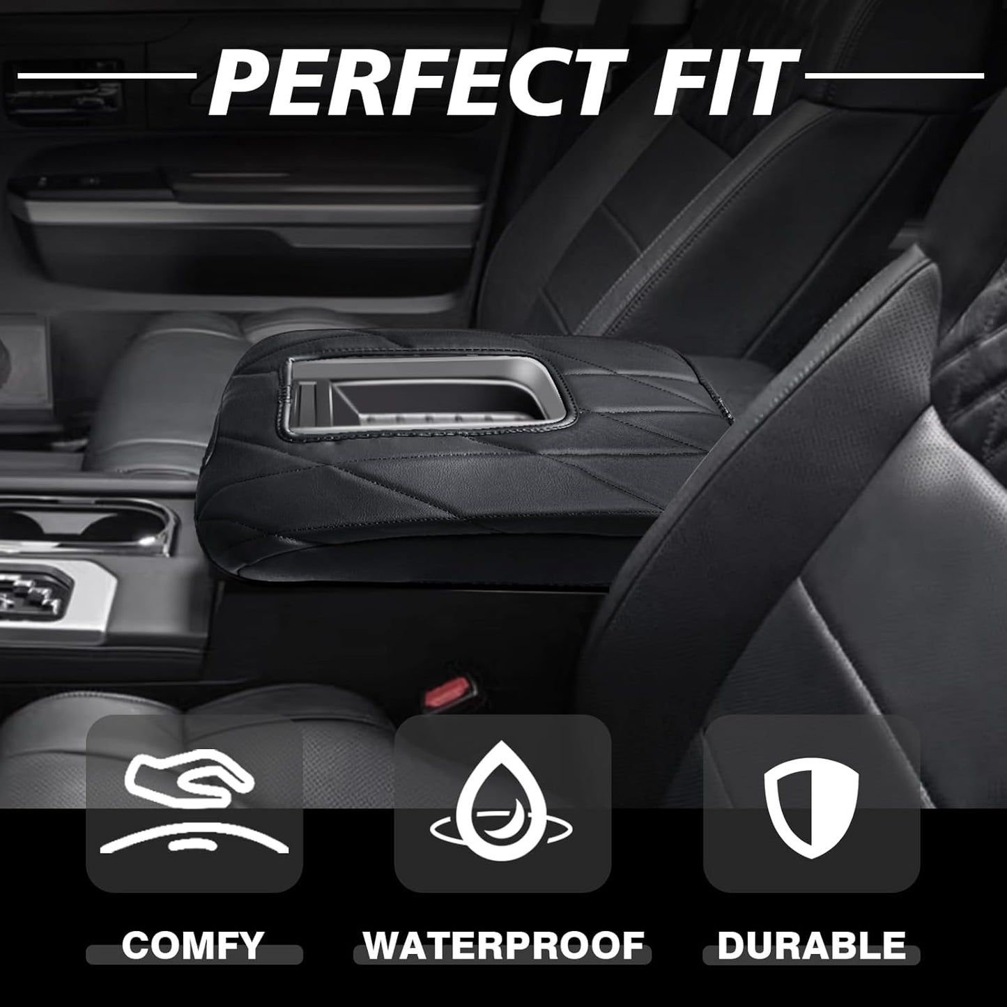 Muslogy Center Console Armrest Cover Compatible with Toyota Tundra 2014-2021 Comfort Armrest Pad Arm Rest Cushion Vegan Leather Protector Regular Thick(Bucket Seat ONLY)