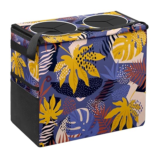 Car Trash Can Purple Palm Leaves Large Storage Garbage Can with Lid Hanging for Back Seat Leakproof Automotive Vehicle Trash Bin