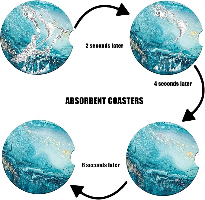 Car Cup Holder Coaster - Blue Sea Marble Absorbent Ceramic Coaster, Car Coasters for Cup Holders, Auto Accessories for Women & Men, Pack of 2