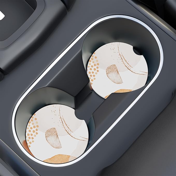Car Cup Holder Coaster, Car Coasters for Cup Holders, 2 Pack Universal Anti Slip Insert Absorbent Ceramic Auto Interior Accessories with A Finger Notch & Cork Base, Modern Art