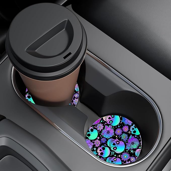 Skulls and Flowers Car Cup Holder Coaster, Car Coasters for Cup Holder, 2 Pack Bright Human Skulls Anti-Slip Absorbent Ceramic Car Cup Coasters for Women Men with Finger Notch Cork Base 2.56"