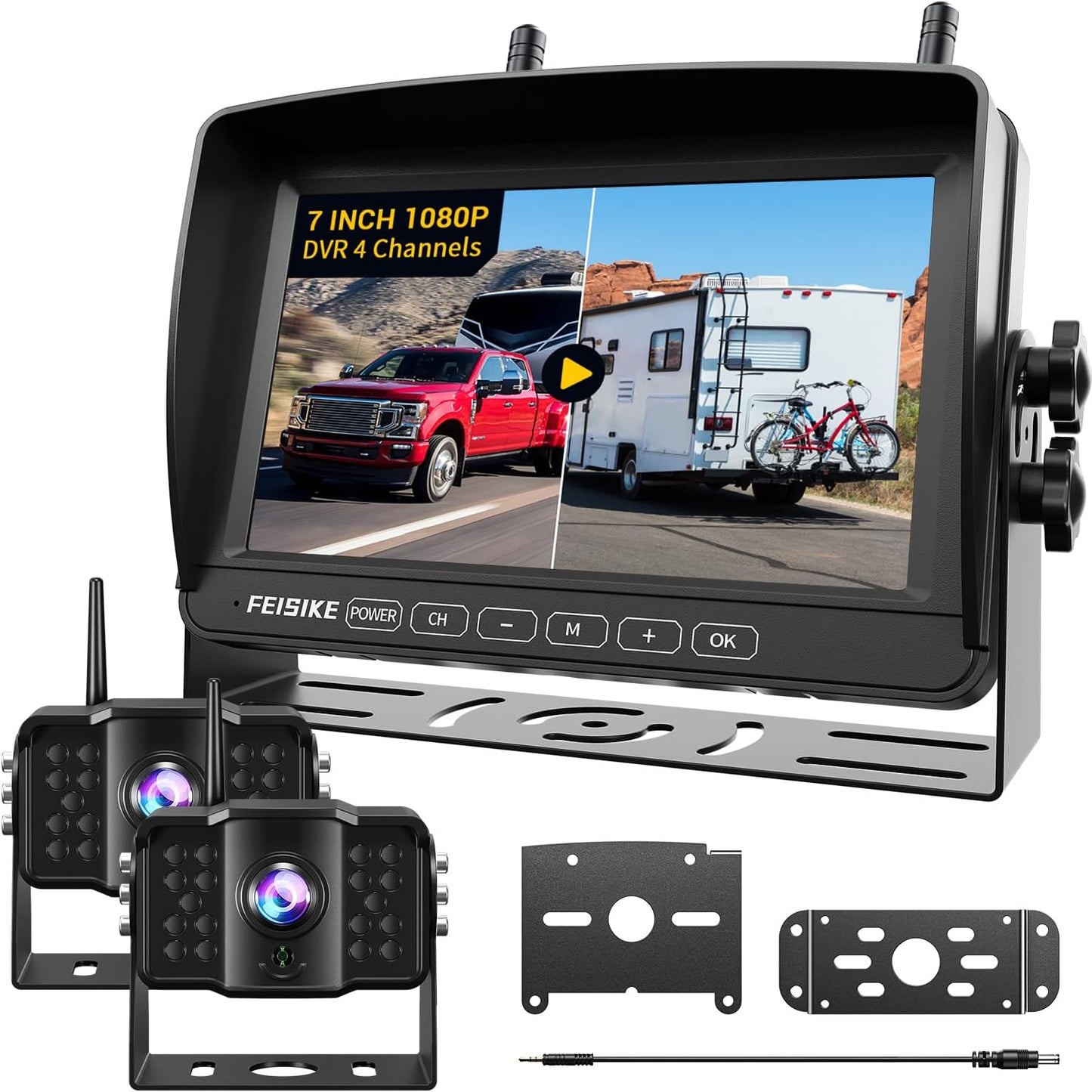 Dual RV Backup Camera Wireless with 7" 1080P Monitor, for Furrion Pre-Wired RVs, 4-Channel Split Screen System, Loop Recording, IR Night Vision, Wide Rear View Camera for Truck, Trailer, Camper