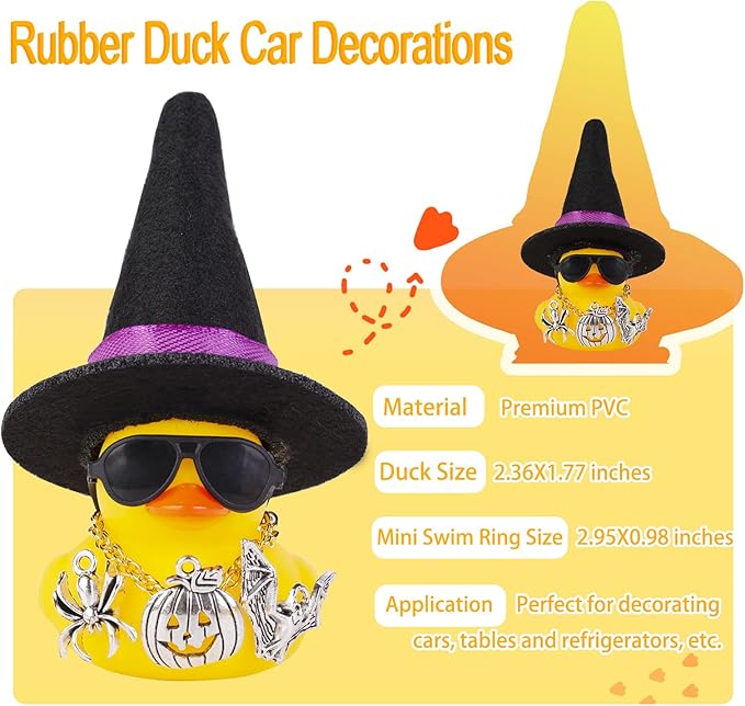 Rubber Duck Car Ornaments Yellow Duck Car Dashboard Decorations with Mini Witch Hat Sunglasses Necklace and Cute Accessories for Party Gifts(H2)