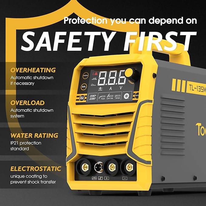 TOOLIOM 135A Gasless Flux Core MIG Welder 110V MIG Welder Flux MIG/Lift TIG/Stick 3 in 1 Welding Machine IGBT DC Inverter with LCD Display