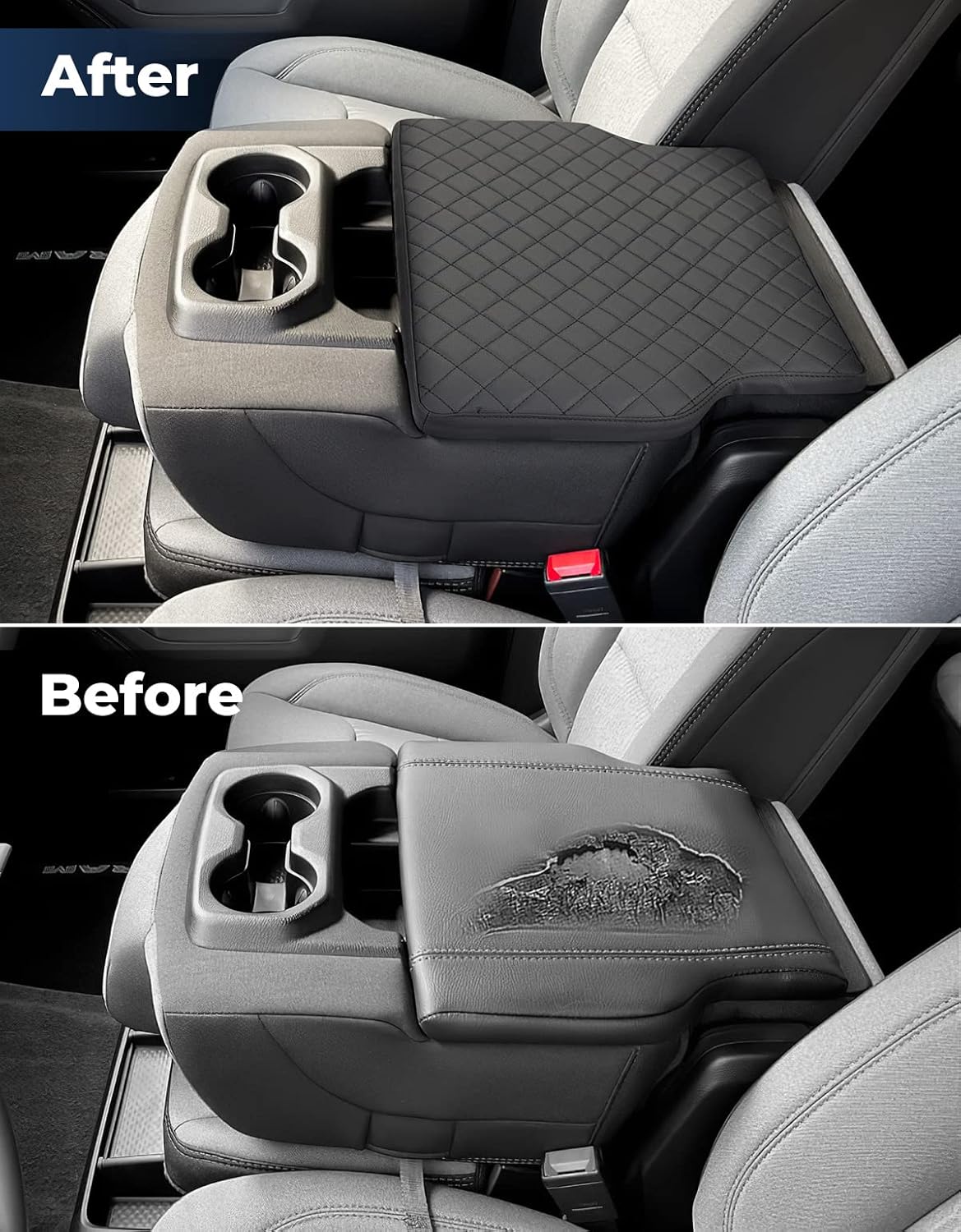 ISSYAUTO Center Console Cover Compatible with 2019-2024 Ram 1500 New Model Jump Seat Console, Armrest lid Cover Leather Arm Rest Covering for Car, Durable Middle Console Cover Armrest Box