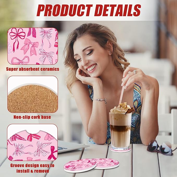 Pink Bow Car Coasters for Cup Holders, Absorbent Ceramic Car Coaster Car Cup Holder Coaster Car Accessories for Women Men (2 Pack)