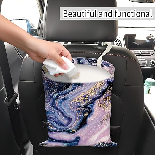 Car Trash Can, Hanging Garbage Bin for Men and Women, Cute Car Organizer and Storage Bag, Canvas Vehicle Trash Can Bag Easy-to-Install Luxuious Purple Marble
