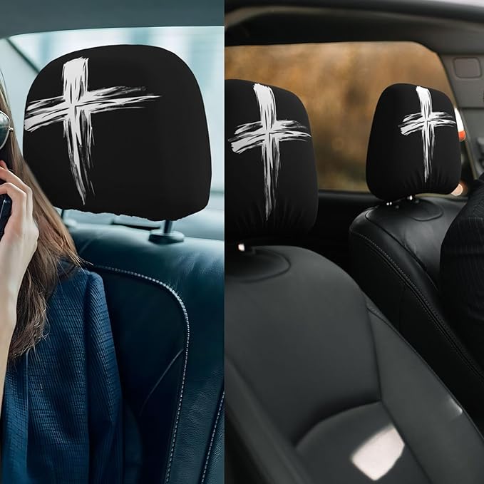 Dujiea 2 Pack Cross Car Headrest Covers, Universal Soft Car Seat Head Rest Protector, Vehicle Accessories Fabric Headrest Cover for Cars Vans Trucks