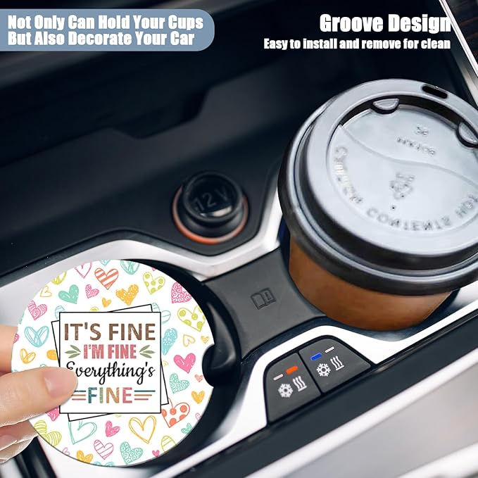 I'm Fine Car Cup Holder Coaster - Colorful Heart Absorbent Ceramic Coaster, Car Coasters for Cup Holders, Auto Accessories for Women & Men, Pack of 2