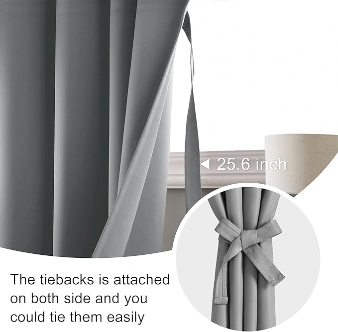 JIUZHEN Blackout Curtains for Bedroom - Thermal Insulated Room Darkening Rod Pocket Curtains for Living Room, Set of 2 Panels with Tiebacks, 70 x 96 Inch Length, Light Grey