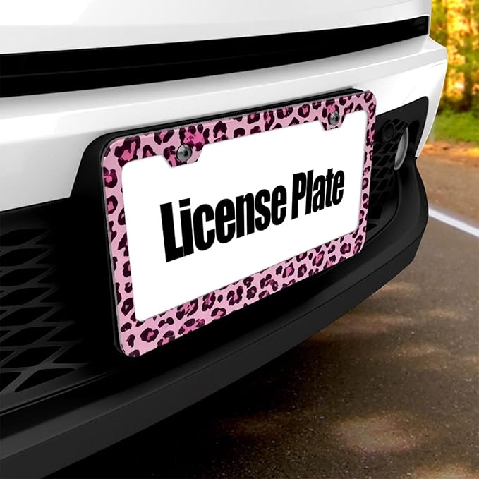 Pink Leopard & Cheetah Print License Plate Frame - Wild Animal Print Design License Plate Holder，Stylish Aluminum Front/Rear Car Tag Cover with Screws，Decorative for US Vehicle Standard for Women Men