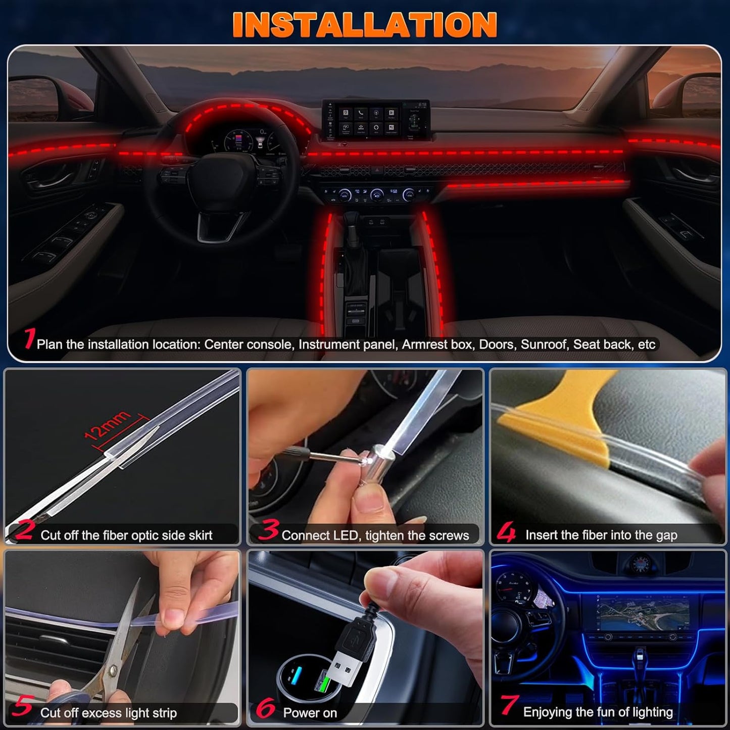 USB Interior Car LED Strip Lights with Wireless APP and Remote Control, RGB 6 in 1 Ambient Lighting Kits with 315 inches 3.0mm Fiber Optic, 16 Million Colors Car Neon Lights, Sync to Music