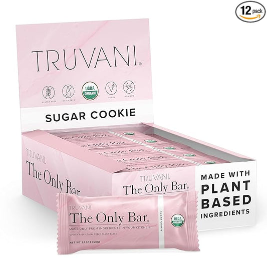 Truvani Plant Based Snack Bars | Sugar Cookie 12 Pack | 6g Protein | USDA Organic and Vegan | The Only Bar | Dairy, Soy, and Gluten Free | Individually Wrapped