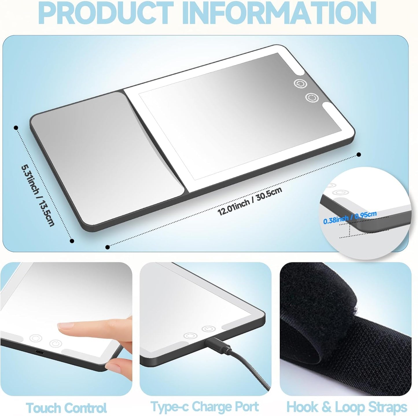 Car Sun Visor Vanity Mirror with Lights,Side with 6 inch 20X Magnifying Mirror,Rechargeable Car Makeup Mirror with 3 Light Modes,Dimmable Touch Led Screen,Black