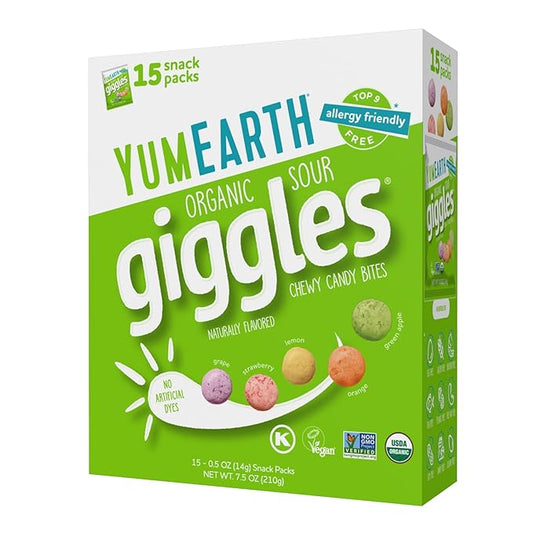 YumEarth Organic Sour Giggles Chewy Candy – Allergy Friendly, No Artificial Dyes, Non GMO, Gluten Free, Sour Fruit Flavored, Vegan Candy Snacks with No Artificial Flavors, 0.5 ounce (Box of 15)