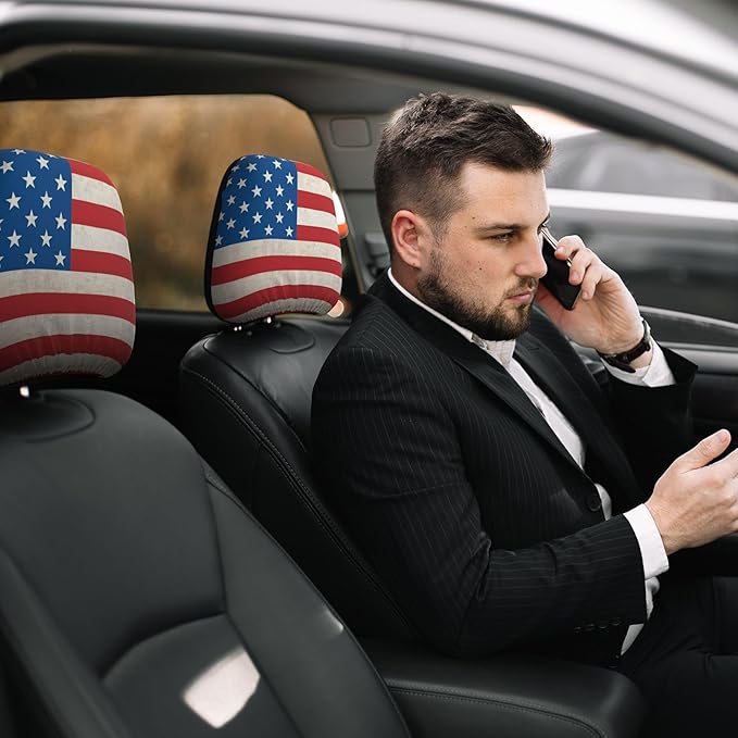 American Flag Skull Car Headrest Covers 2 Pack – Double-Sided Patriotic Skull & USA Flag Design – Universal Fit Stretch Seat Headrest Protector for Cars, SUVs, Trucks