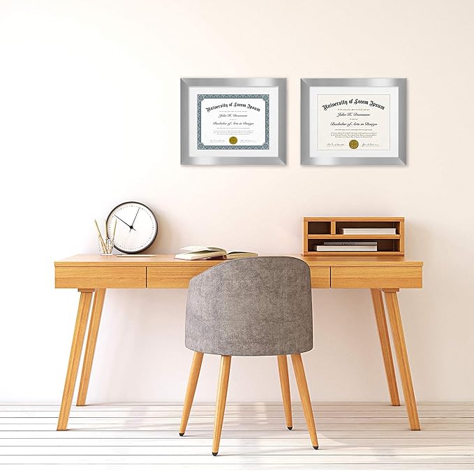 Americanflat 11x14 Diploma Frame with Shatter-Resistant Glass - Set of 2 - Use as 8.5x11 Frame with Mat or Display 11x14 Documents Without Mat - Legacy Collection - Certificate Frames - Silver