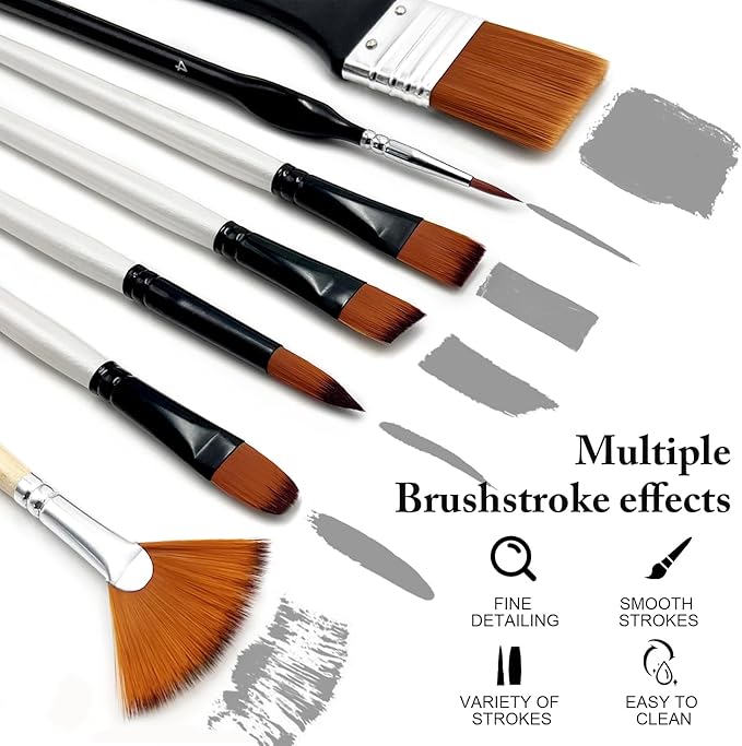 Bougimal 32 Pcs Paint Brush Set, Artist Paint Brushes for Acrylic Painting, Oil, Watercolor, Gouache, with Flat Round Filbert Fan Angle Detail Brush, Suitable for Artists and Beginners(White)