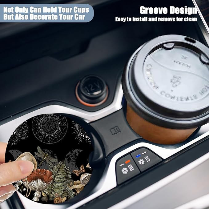 Magic Forest Mushroom Car Cup Holder Coaster - Moon Phase Absorbent Ceramic Coaster, Car Coasters for Cup Holders, Auto Accessories for Women & Men, Pack of 2
