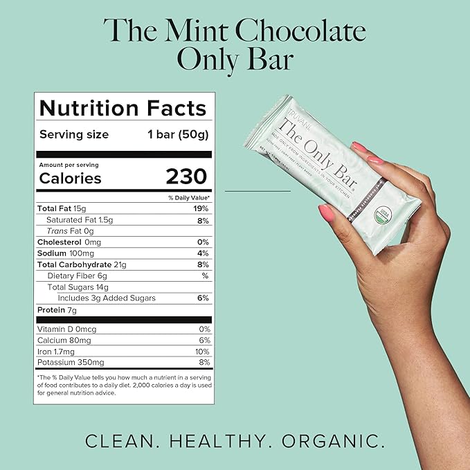 Truvani Plant Based Snack Bars | Chocolate Mint 1 Pack | 7g Protein | USDA Organic and Vegan | The Only Bar | Dairy, Soy, and Gluten Free | Individually Wrapped