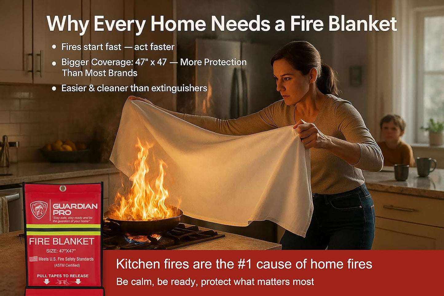 Emergency Fire Blanket for Home and Kitchen - 47"x47" - Must Have Fire Protection - Fire Suppression Fiberglass Fire Blankets for House Camping Car Office Emergency Survival Safety (4 Pack)