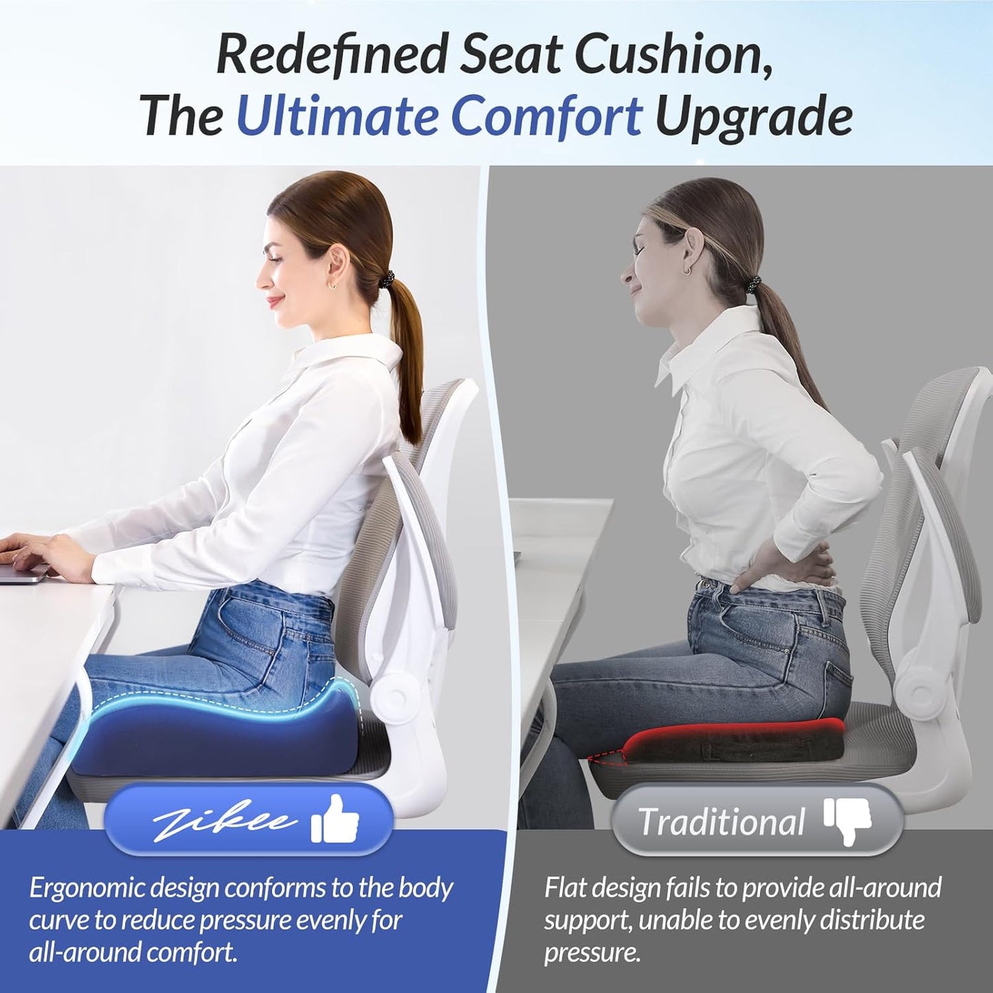 ZIKEE Pioneering Seat Cushion for Pressure Relief, Ergonomic Office Chair Cushion for Sciatica, Back, Hemorrhoids & Tailbone Pain Relief, High-Density Memory Foam Car Seat Cushion with Anti-Slip Base