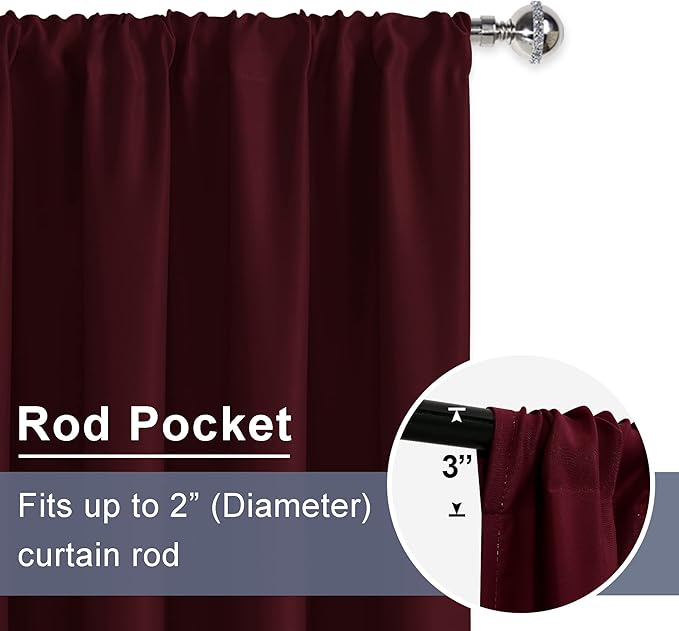 JIUZHEN Christmas Blackout Curtains for Bedroom - Thermal Insulated Room Darkening Rod Pocket Curtains for Living Room, Set of 2 Panels with Tiebacks, 52 x 90 Inch Length, Burgundy