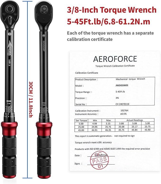 AEROFORCE 3/8-Inch Drive Torque Wrench（5-45 lb.ft / 6.8-61.2 Nm),72 Tooth Dual Direction Reversible Ratchet, Dual Range Scales, Precision Calibrated for Bike, Motorcycle and Car Repair
