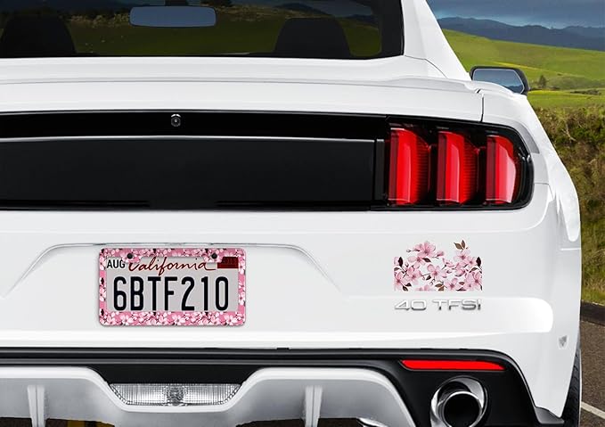 2pcs Pink Cherry Blossom License Plate Frame for Women, Pink Flower Flora Car Tag Frames Girly for Vehicle with Non Adhesive Electrostatic Sticker