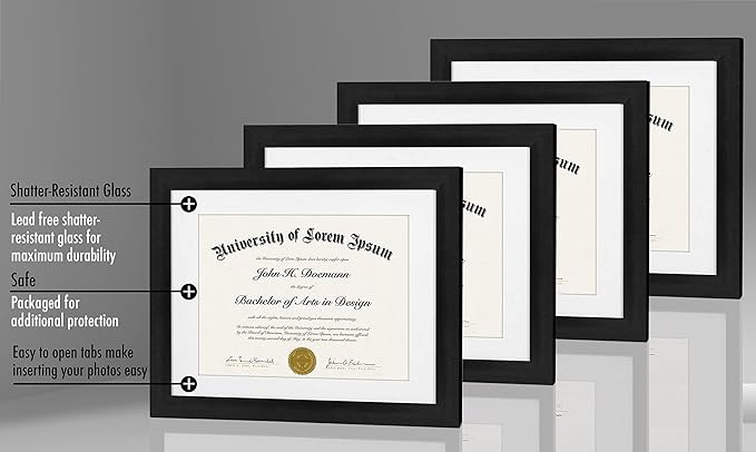 Americanflat 11x14 Diploma Frame with Shatter-Resistant Glass - Set of 4 - Use as 8.5x11 Frame with Mat or Display 11x14 Documents Without Mat - Legacy Collection - Certificate Frames for Wall - Black