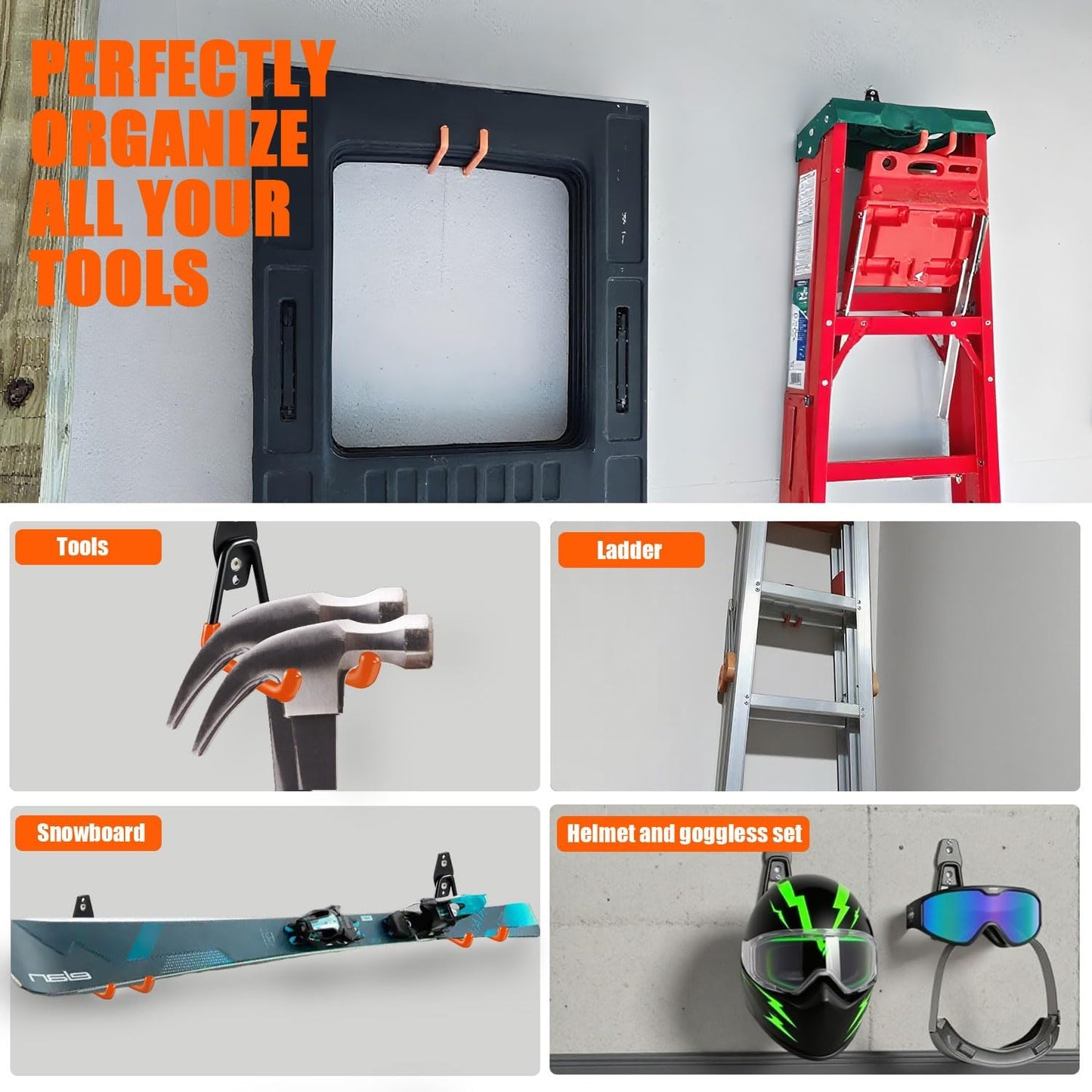 Heavy-Duty Garage Hooks -4 Pack Type medium J - Anti-Slip Coated Wall-Mounted Hooks Wall Mount Storage Organizer for Hanging Power and Garden Tools, Ladders, Hose, Bikes, Ropes, Bulk Items, and More