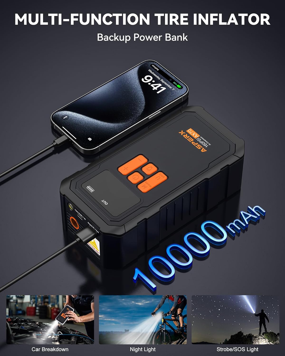 Tire Inflator Portable Air Compressor- 160PSI & 10000mAh Portable Air Pump with Carrying Case, LCD Display & LED Light, 3X Fast Inflation for Car, Bike, Motorcycle, Balls and more(Black)