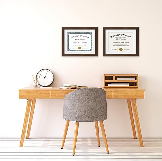 Americanflat 11x14 Walnut Diploma Frame - Displays 8.5x11 Diplomas with Mat or 11x14 Inch Without Mat - Shatter-Resistant Glass. Hanging Hardware Included! (2 Pack)