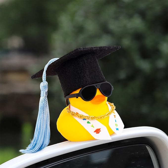 wonuu Graduation Stole Rubber Ducks, Dashboard Decorations Duck for Car Ornament Accessories with Hat Sunglasses Sash Chain (Light Blue)