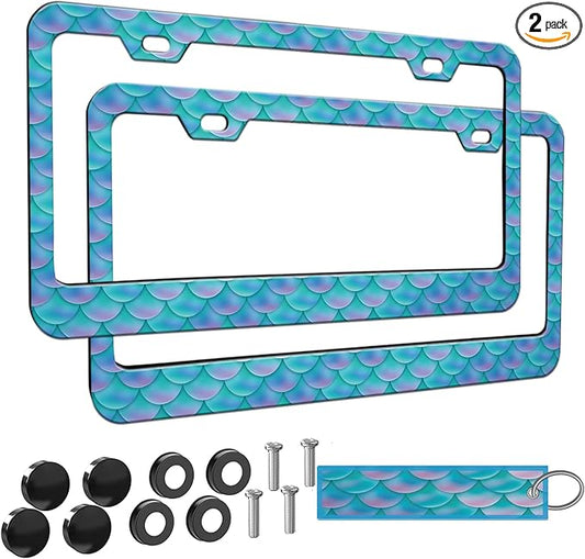 2pcs Blue Fish Scale patternt License Plate Frame for Women, Mermaid Fish Scale car Decorative tag Frames Girly, Blue Scales License Plate Cover Holder for Vehicle with Double Sided car Keychain tag