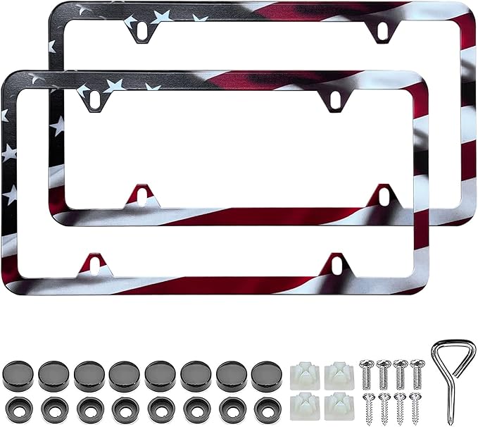 LIN KANG American Flag License Plate Frame Holder - 2 Pack Patriotic Universal Aluminum Matte Stripe US Flag Gloss Car Plate Frame Covers with 4 Holes and Screws Fasteners Caps