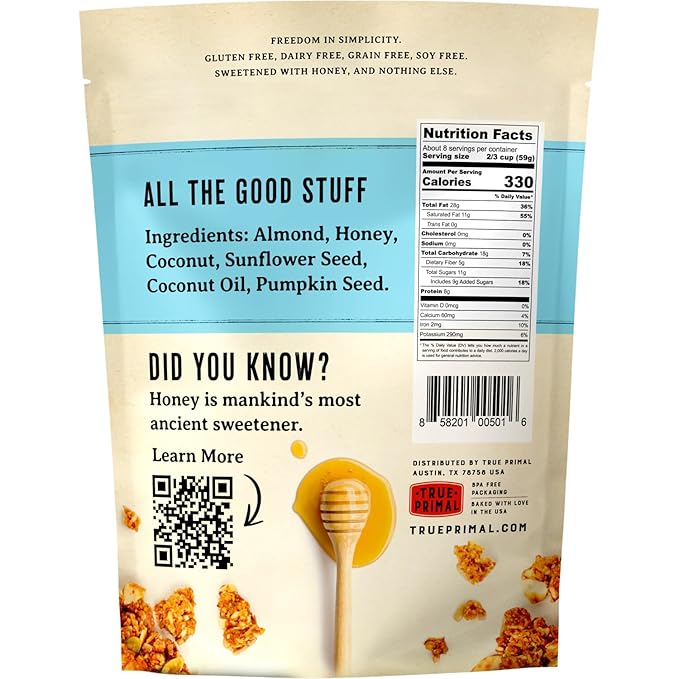 True Primal Grainless Granola Original. Made with honey. Gluten free. Grain free. (formerly Steve's PaleoGoods PaleoKrunch) 1 lb pouches 4-pack