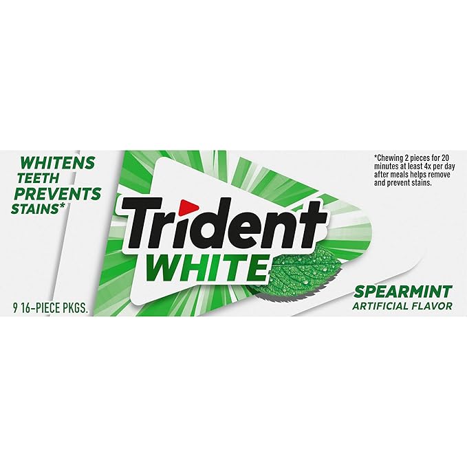 Trident White Spearmint Sugar-Free Chewing Gum, 9 Pack of 16 Pieces (144 Total Pieces)