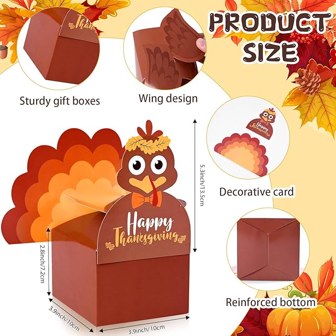 18Pcs Thanksgiving Party Favor Boxes Thankful Turkey Candy Treat Boxes, 6 Styles, Happy Thanksgiving Day Turkey Paper Gift Boxes for Fall Holidays Harvest Day Supplies