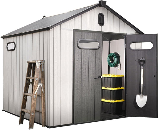 EconoHome 8x8 Ft Outdoor Storage Shed with Floor - Waterproof Shed with Lockable Door for Garden - Backyard, Tool Storage Use - Grey